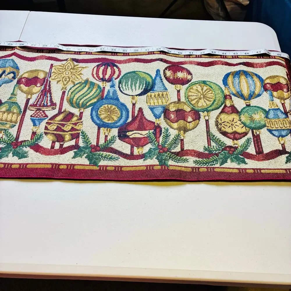 Vintage Christmas Tapestry Table Runner Holiday Ornament Garland Fringe 50